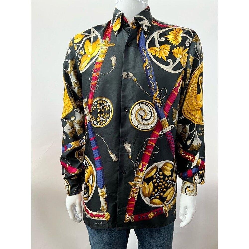 Vintage Hermes Paris Daimyo Printed Silk Shirt Size Medium